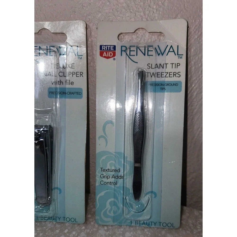 2 Pair {Rite‎ Aid} [Renewal] Slant Tip Tweezers & 1 Deluxe Nail Clipper w/File~